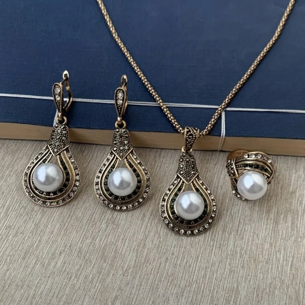 3pcs/set Vintage Pearl Unisex Jewelry Set, Women Classic Rhinestone Necklace